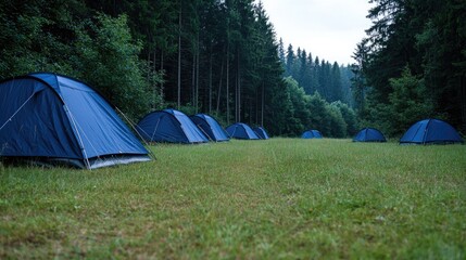 Camping tents in a grassy field, nestled within a forest