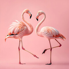 Fototapeta premium Flamingos, ultra-realistic image of two flamingos standing gracefully in shallow water, their vibrant pink feathers reflecting in the calm water, with lush greenery and soft light in the background.