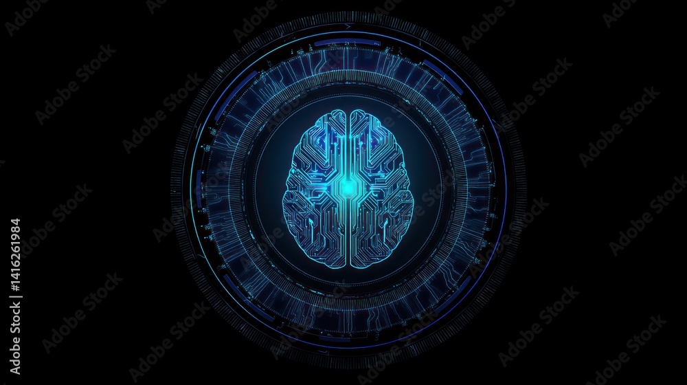 Poster futuristic digital brain representation showcasing cognitive functions and artificial intelligence i