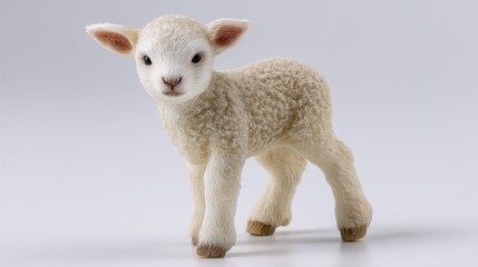 Tiny Lamb Figurine, Soft Wool Texture, Gentle Gaze, White Background.