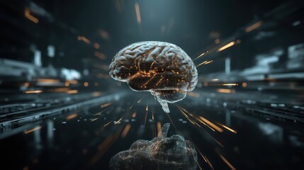 Futuristic representation of a brain, highlighting neural connections and digital data flow in a technological environment.