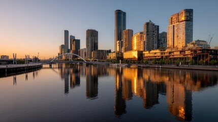 Naklejka premium Stunning urban skyline reflecting in calm waters at sunset, showcasing modern architecture and vibrant city life.