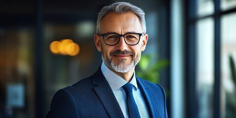 Fototapeta premium Confident Businessman in Formal Attire Standing in Modern Office Setting With Bright Natural Light