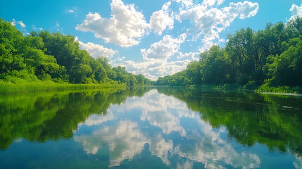 Serene river landscape peaceful nature scene with vibrant green and blue reflections