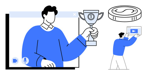 Man holding trophy on video call, digital coin and user with tablet. Ideal for achievement, gamification, online events, learning, motivation, digital platforms, simple landing page
