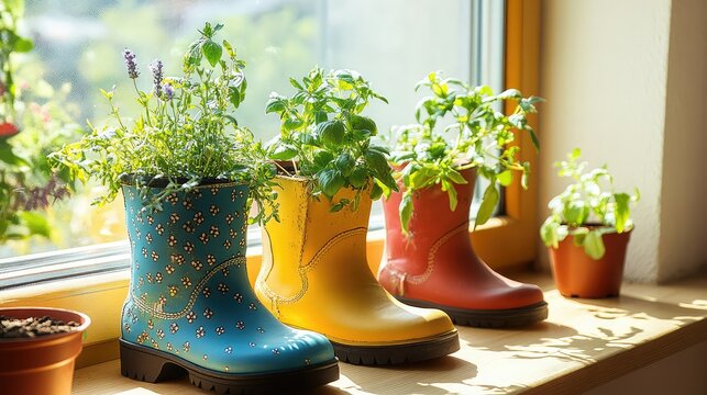 Colorful rubber boots transformed into unique planters with herbs and greenery, brightening a sunlit window ledge for a fresh and vibrant home decor setting - Powered by Adobe