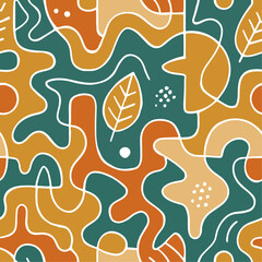 Colorful Seamless Abstract Leaf Pattern with Organic Shapes and Retro Style