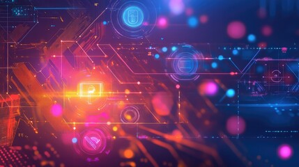 Abstract futuristic digital background featuring vibrant neon colors, circuit patterns, and glowing elements that convey technology and innovation in a modern environment.