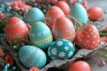Obraz premium Brightly Colored Easter Eggs in Coral and Aqua for Spring Decor