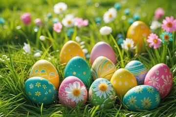 Vibrant Easter Sunshine Over Beautifully Painted Eggs on Lush Green Grass in a Colorful Spring Landscape