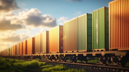 Obraz premium Long freight train transporting colorful shipping containers on railroad tracks at sunset amidst lush grassy fields and vibrant sky hues in the background