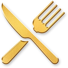 Gold Cutlery Icon – 3D Glossy Golden Fork and Spoon Symbol with Metallic Shine and Shadowed Effect for Dining, Restaurants, Food Services, and Culinary Design Concepts