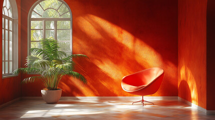 Vibrant Orange Room with Stylish Chair and Palm Tree.ai generated