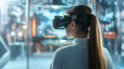 Woman experiencing virtual reality: immersive gaming in a futuristic world with headset exploring digital landscapes against a high tech background