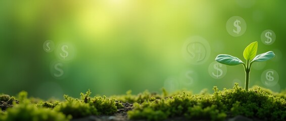 Concept of financial business growth and success shown through a sapling with dollar signs leaves. The plant grows on moss, a green nature background environment and investment potential.
