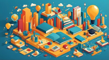 Naklejka premium Vibrant Isometric Vector of Digital Learning Icons in a Geometric Educational Environment