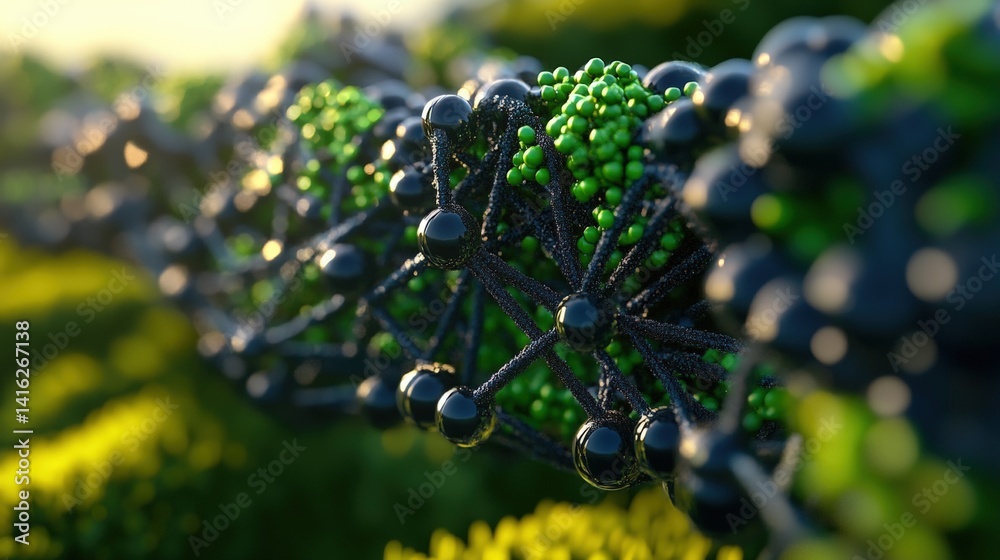 Poster complex 3d molecular structure rende featu dark interconnected nodes and bright green clusters again