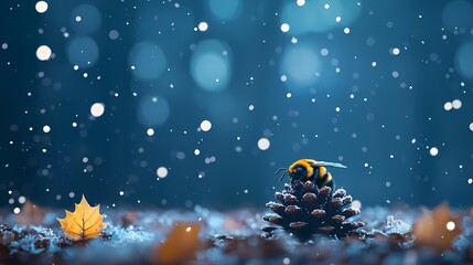 Fototapeta premium Bee on Pinecone in Winter Snow, A lone bee rests on a pinecone amidst falling snow.