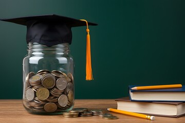 Student success scholarships aimed at alleviating education costs. A glass jar full of coins and a graduation cap symbolize both investment in education and saving for college.