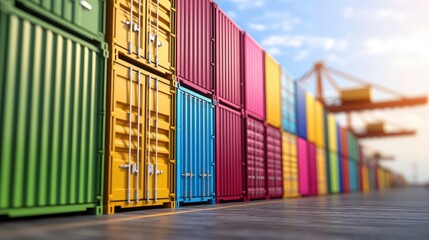 A vibrant row of colorful shipping containers on a bustling dock with a large crane and a partly cloudy sky creating a lively industrial scene.