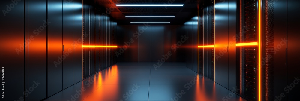 Poster modern data center background: server room with orange and cyan light futuristic technology infrastr
