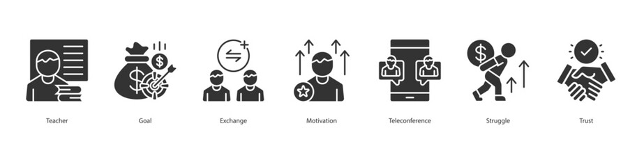 Mentoring Process icon sheet vector teacher, goal, exchange, motivation, teleconference, struggle, trust