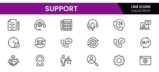 Support  Outline Icon Collection. Thin Line Set contains such Icons as Online Help, Helpdesk, Quick Response, Feedback, and more. Simple web icons set.