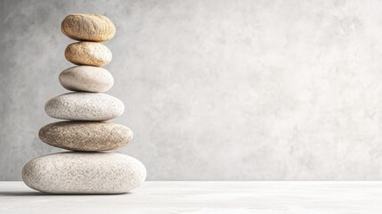 A Harmonious Stack of Five Smooth, Varying-Toned Beige and White Stones Resting on a Light Grey Surface with Textured Grey Background Surrounding Them
