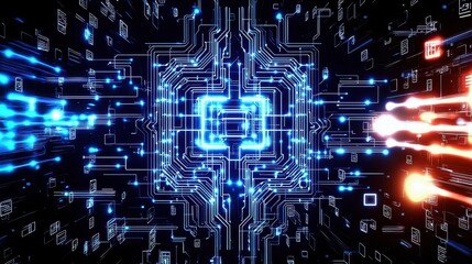 Obraz premium A vibrant digital network scene depicting a central processor surrounded by glowing lines and energy bursts, illustrating technology and innovation.
