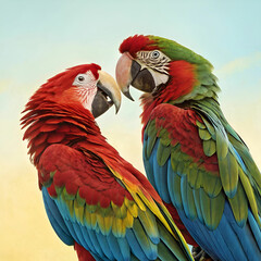 Fototapeta premium Macaws, colorful ultra-detailed image of two macaws perched together, showcasing their vivid, multi-colored feathers against a tropical backdrop of lush greenery and bright sunlight.