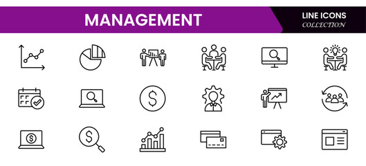 Management set of web icons in line style. Business or organization management icons for web and mobile apps. Time management, planning, project, startup, and marketing. Vector illustration