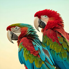 Naklejka premium Macaws, colorful ultra-detailed image of two macaws perched together, showcasing their vivid, multi-colored feathers against a tropical backdrop of lush greenery and bright sunlight.