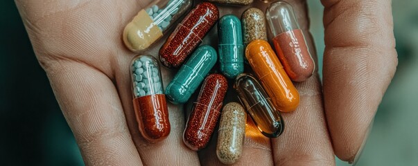 A hand holding various colorful capsules and tablets representing health care.