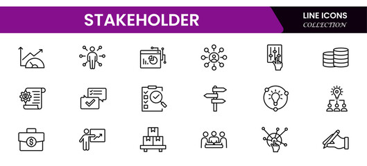 Stakeholder outline icons set. Business, teamwork, trade unions, suppliers, government, customers, creditors, community, investors, and partners.