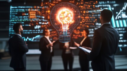 Business professionals in modern office with glowing lightbulb graphic projection surrounded by data visualizations showcasing innovative ideas and teamwork