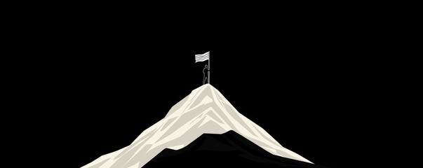 A minimalist illustration of a mountain peak with a flag on top against a dark background.