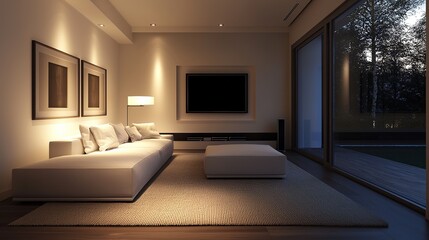 Modern cozy living room design soft neutral tones residential space evening ambience sophisticated comfort