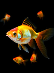 goldfish isolated on a dark black background. different colorful Carassius auratus in the aquarium