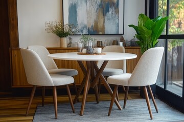 Elegant dining room with round white table, cushioned chairs, modern art painting, and cozy reading nook with armchair.