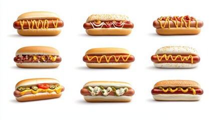 A variety of hot dogs with different toppings arranged in a grid, colorful and appetizing.