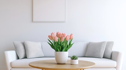 Modern living room with fresh tulips minimalist decor bright environment stylish viewpoint