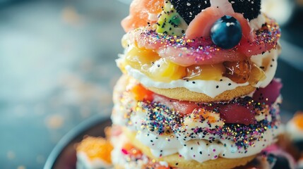 Obraz premium Colorful Dessert Stack with Cream, Fruits, and Sprinkles on a Plate Reflecting a Delightful and Decadent Treat Perfect for Celebrations and Special Occasions