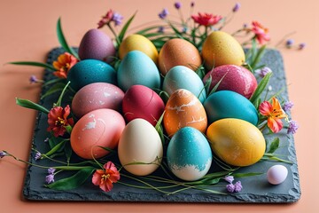Vibrant Easter Eggs on Soft Peach Slate for Spring Decor