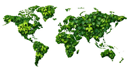 Green World Map: A vibrant depiction of the world map formed by lush green leaves, symbolizing environmental consciousness, sustainability, and the interconnectedness of nature.