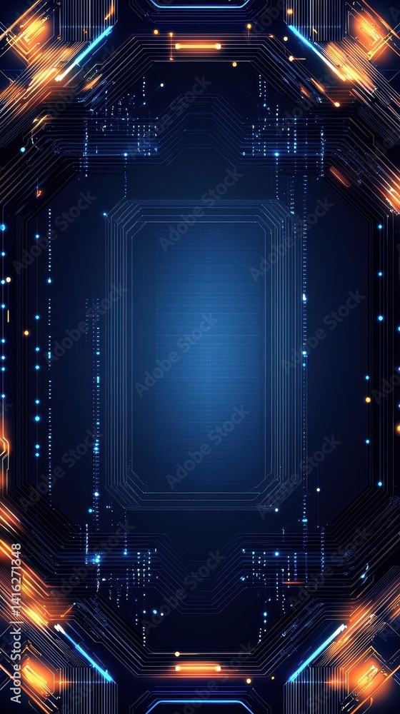 Poster a futuristic design featuring vibrant circuit patterns and glowing elements on a dark background, cr