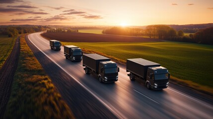 A convoy of four dark semi-trucks traveling down a rural highway at sunset with lush green fields and a stunning orange and purple sky in the background
