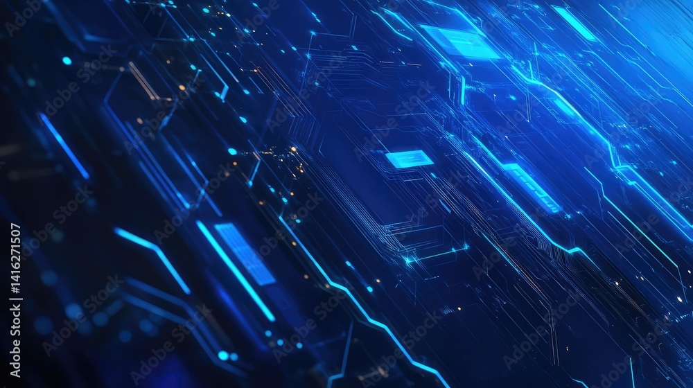 Poster abstract blue digital technology background with glowing lines and circuits representing data flow, 