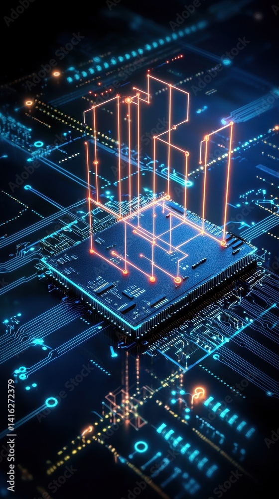 Poster a futuristic digital circuit board featuring a central microchip highlighted by glowing patterns and