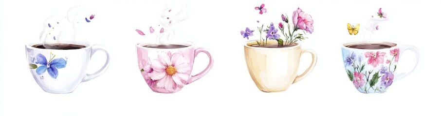 Four floral teacups filled with hot beverages