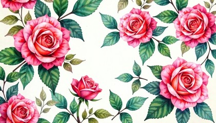 Intricate watercolor rose blooms, lush leaves, seamless repeat, red, beauty